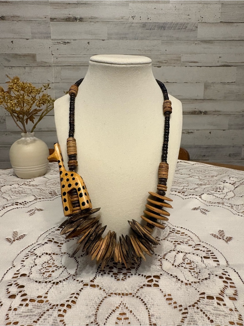 Handcrafted Wooden Giraffe Statement Necklace in Natural Brown